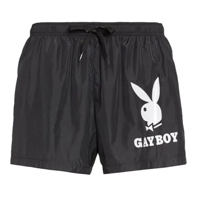Pre-owned Jeremy Scott Aw19 Moschino Couture X  X Playboy Gayboy Black Swim Trunks 56 It