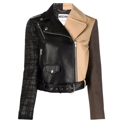 Pre-owned Jeremy Scott Aw20 Moschino Couture Black Biker Jacket Half Beige W/ Wool Sleeves, Size Us 12