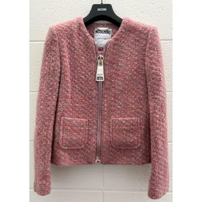 Pre-owned Jeremy Scott Aw20 Moschino Couture Pink Boucle Wool Jacket With Oversized Zipper, Size Us 6