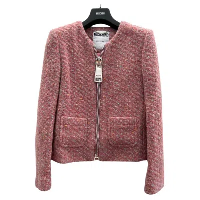 Pre-owned Jeremy Scott Aw20 Moschino Couture Pink Boucle Wool Jacket With Oversized Zipper, Size Us 8