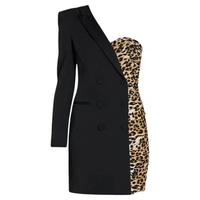 Pre-owned Jeremy Scott Aw21 Moschino Couture Half Blazer Half Leopard Asymmetrical Dress In Black