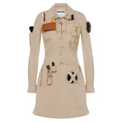 Pre-owned Jeremy Scott Aw21 Moschino Couture  Beige Gabardine Survivor Kit Tools Dress In Brown