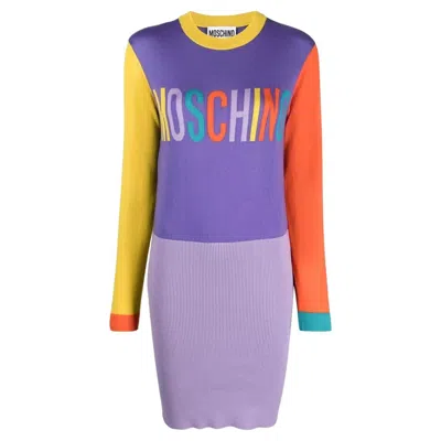 Pre-owned Jeremy Scott Aw22 Moschino Couture  Logo Orange & Yellow Sleeve Purple Knit Dress