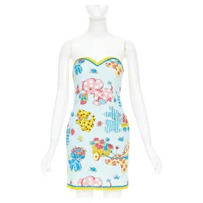 Pre-owned Jeremy Scott Moschino Couture! 2022 Runway Calico Animals Blue Strapless Dress It38 Xs