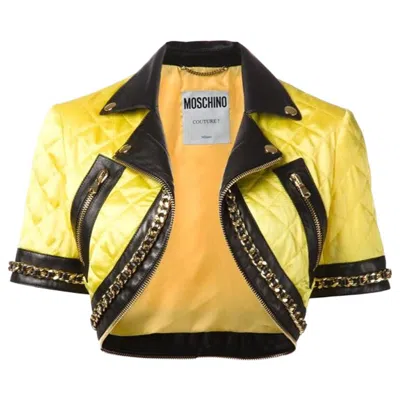 Pre-owned Jeremy Scott Moschino Couture  Barbie Yellow Quilted Cropped Biker Jacket It 42