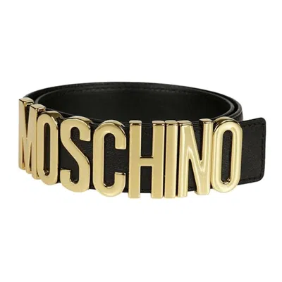 Pre-owned Jeremy Scott Moschino Couture  Shiny Black Leather Belt With Gold Lettering Logo