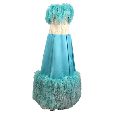 Pre-owned Jeremy Scott Moschino Couture  Spring 2021 Look 38 Long Feathers Silk Blue Dress
