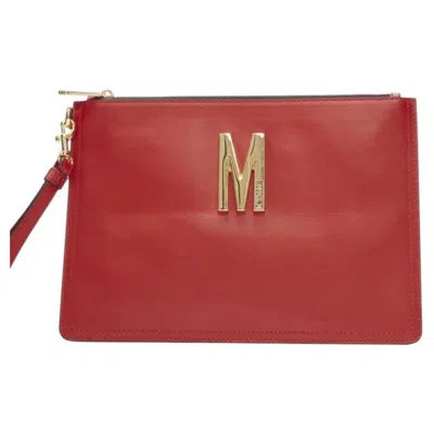 Pre-owned Jeremy Scott Moschino Couture! Smooth Red Leather Gold M Top Zip Wristlet Clutch Bag