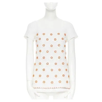 Pre-owned Jeremy Scott Moschino White Cloque Cotton Orange Bead Crystal Floral Embellished Top It38