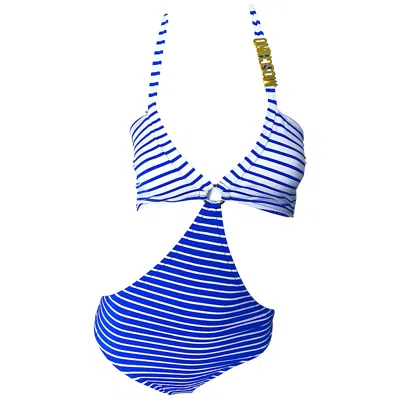 Pre-owned Jeremy Scott Nwt Moschino Size Large / Xl Blue Striped Nautical Monkini One Piece Swimsuit