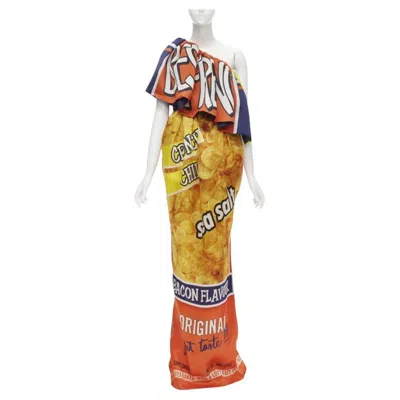 Pre-owned Jeremy Scott Rare Runway Moschino Couture! 2014 Junk Food Potato Chip One Shoulder Gown It40 In Brown