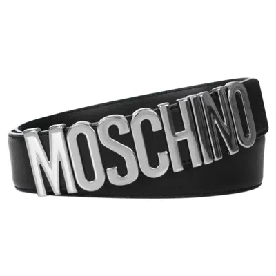 Pre-owned Jeremy Scott Ss17 Moschino Couture  Black Leather Belt With Silver Lettering Logo