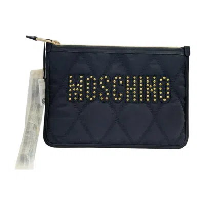 Pre-owned Jeremy Scott Ss20 Moschino Couture  Black Nylon Clutch With Gold Studded Logo