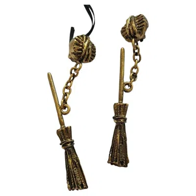 Pre-owned Jeremy Scott Ss20 Moschino Couture  Witch Broom Clip On Gold Earrings Trick /chic In Multi