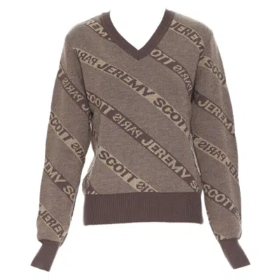Pre-owned Jeremy Scott Vintage  Paris Brown Logo Intarsia Wool Short Sweater S