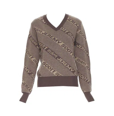 Pre-owned Jeremy Scott Vintage  Paris Brown Logo Intarsia Wool Short Sweater S
