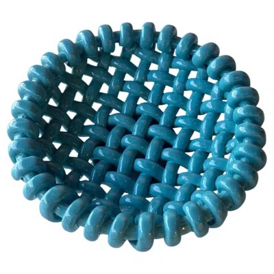 Pre-owned Jerome Massier - Corbeille Tressée En Céramique Bleue In Blue