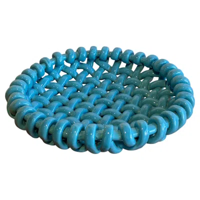 Pre-owned Jerome Massier - Corbeille Tressée En Céramique Bleue In Blue