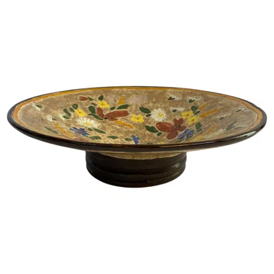 Pre-owned Jerome Massier French Art Pottery Floral Ceramic Pedestal Centerpiece Bowl In Brown