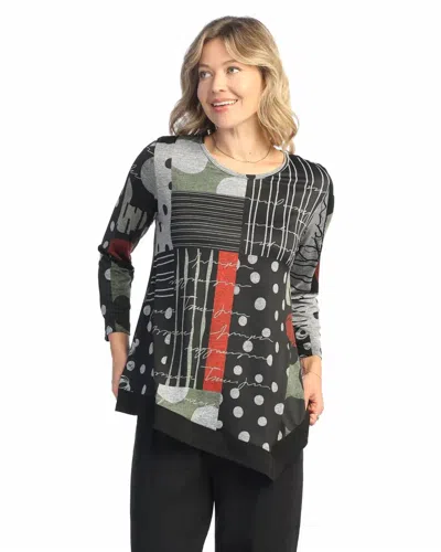Jess & Jane Amelia Asymmetric Slinky Knit Top In Black Multi