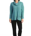 Jess & Jane Brushed Knit Pocket & Cowl Neck Top In Teal In Blue