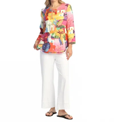 Jess & Jane Cancun Round Neck Three Quarter Sleeve Top In Multi Color