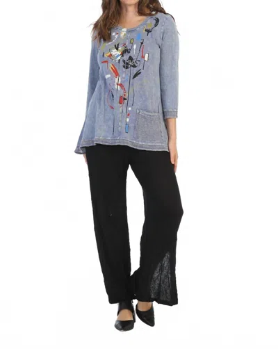 Jess & Jane Chicas Mesh Contrast Cotton Top In Vintage Blue