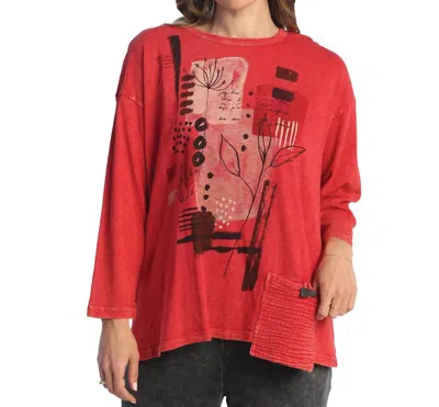 Jess & Jane Foliage Mineral Washed Gauze Contrast Pocket Top In Scarlet In Red