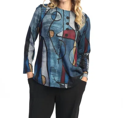 Jess & Jane Granada French Brushed Round Hem Top In Blue In Multi