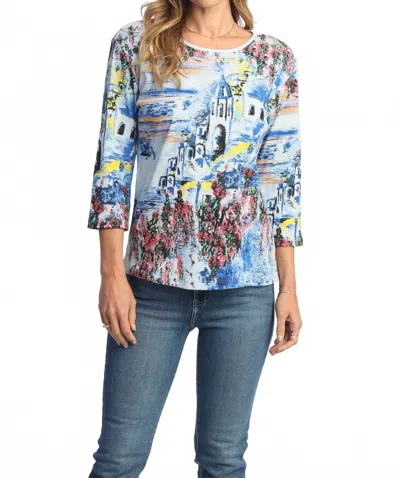 Jess & Jane Greece Printed Cotton Top - Plus In Blue