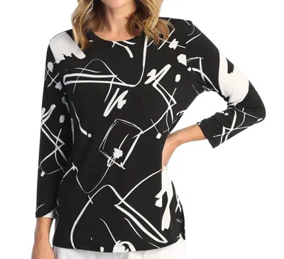 Jess & Jane Hi-low Tunic 3/4 Sleeve Top In Black White In Multi