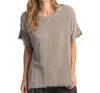 Jess & Jane Mineral Washed Short-sleeve Gauze Top With Fringe In Slate In Grey