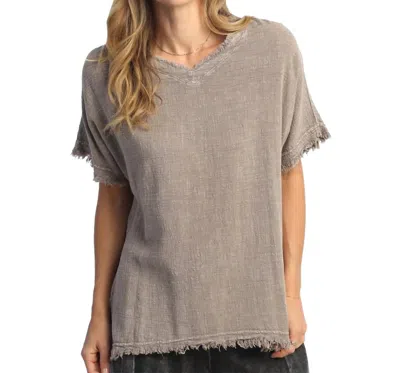 Jess & Jane Mineral Washed Short-sleeve Gauze Top With Fringe In Slate In Grey