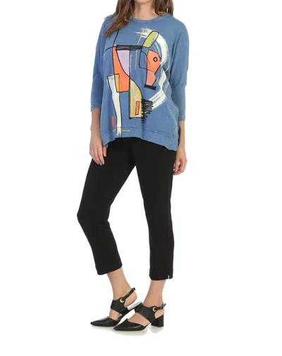 Jess & Jane Modern Art Mineral Washed Cotton Dolman Sleeve Top In Marine Blue In Multi