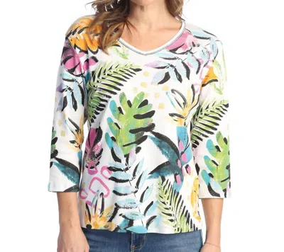 Jess & Jane Paradise V-neck Printed Cotton Top - Plus In Multi