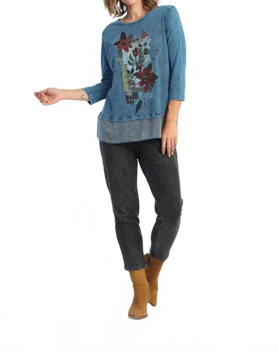 Jess & Jane Patches Mineral Washed Cotton Georgette Contrast Top In Multi In Blue