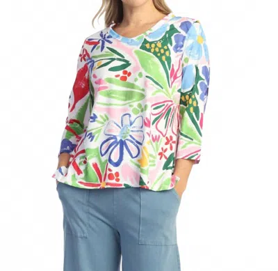 Jess & Jane Quarter Sleeve V-neck Top In Rosy In Multi
