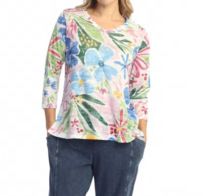 Jess & Jane Rosy Abstract Print Burnout V-neck Top In Multi