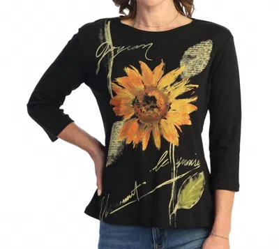 Jess & Jane Sunflower Printed Cotton Top In Black
