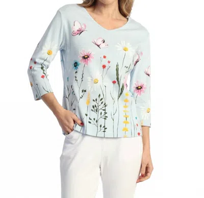 Jess & Jane Three-quarter Sleeve Cotton Tee In Blue Fantasia