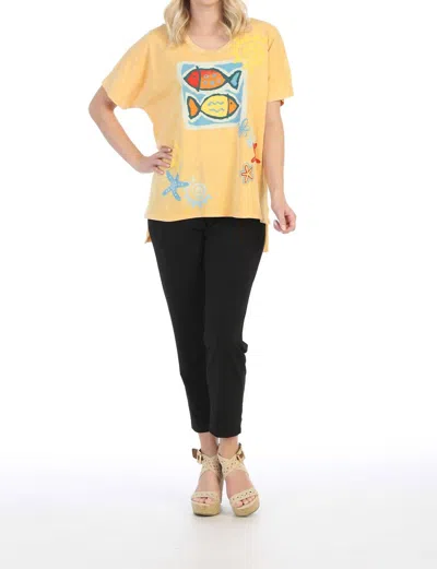 Jess & Jane Tropical Fish Mineral Washed Cotton Cold Shoulder Top In Wheat In Yellow