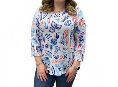 Jess & Jane Vibrant Floral Printed 3/4 Sleeve Top In Blue