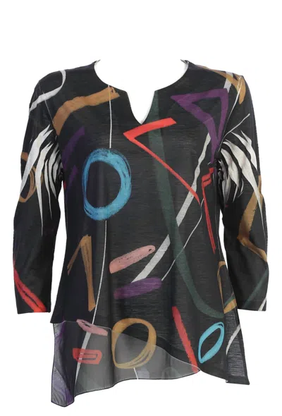 Jess & Jane Women's Highlight Slit V-neck Chiffon Contrast Top In Multi Abstract Pattern In Black