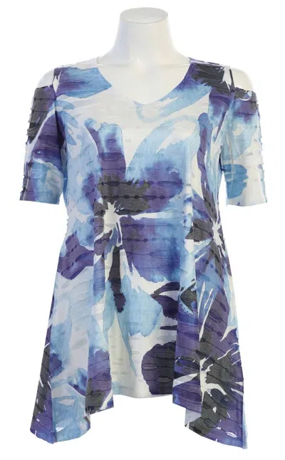 Jess & Jane Women's Tahoe Double Knit Cold Shoulder Top In Blue Violet Abstract Floral