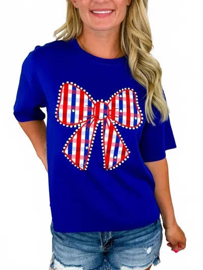 Jess Lea Charming Gingham Bow Detail Short Sleeve Top In Blue