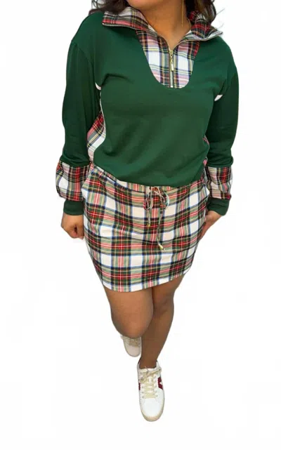 Jess Lea Christmas Plaid Zip Up Pullover Top In Juniper Green & White In Multi