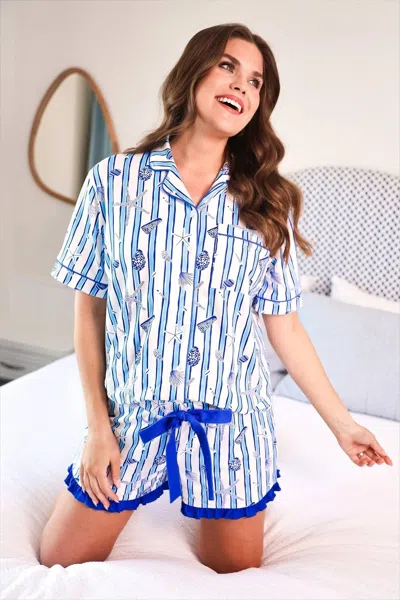 Jess Lea Coastal Stripes Ruffle Pajama Set In Blue