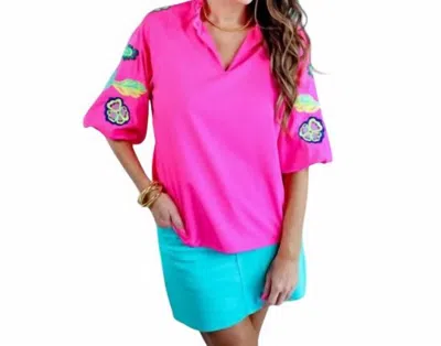 Jess Lea Daphne Embroidered Sleeve Top In Hot Pink