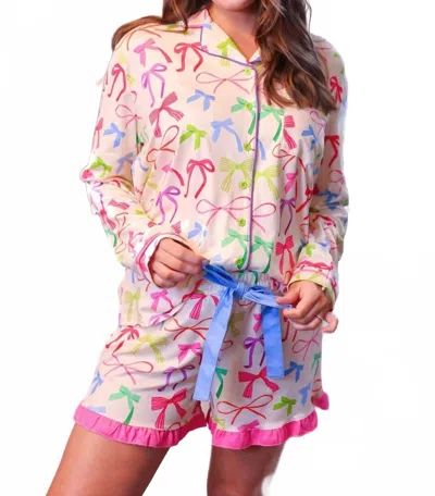Jess Lea Daylight Bow Ruffle Pajama Set In White Multi In Pink