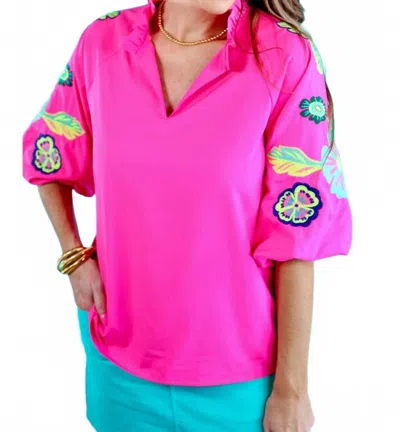 Jess Lea Embroidered Puff Sleeve Top In Hot Pink